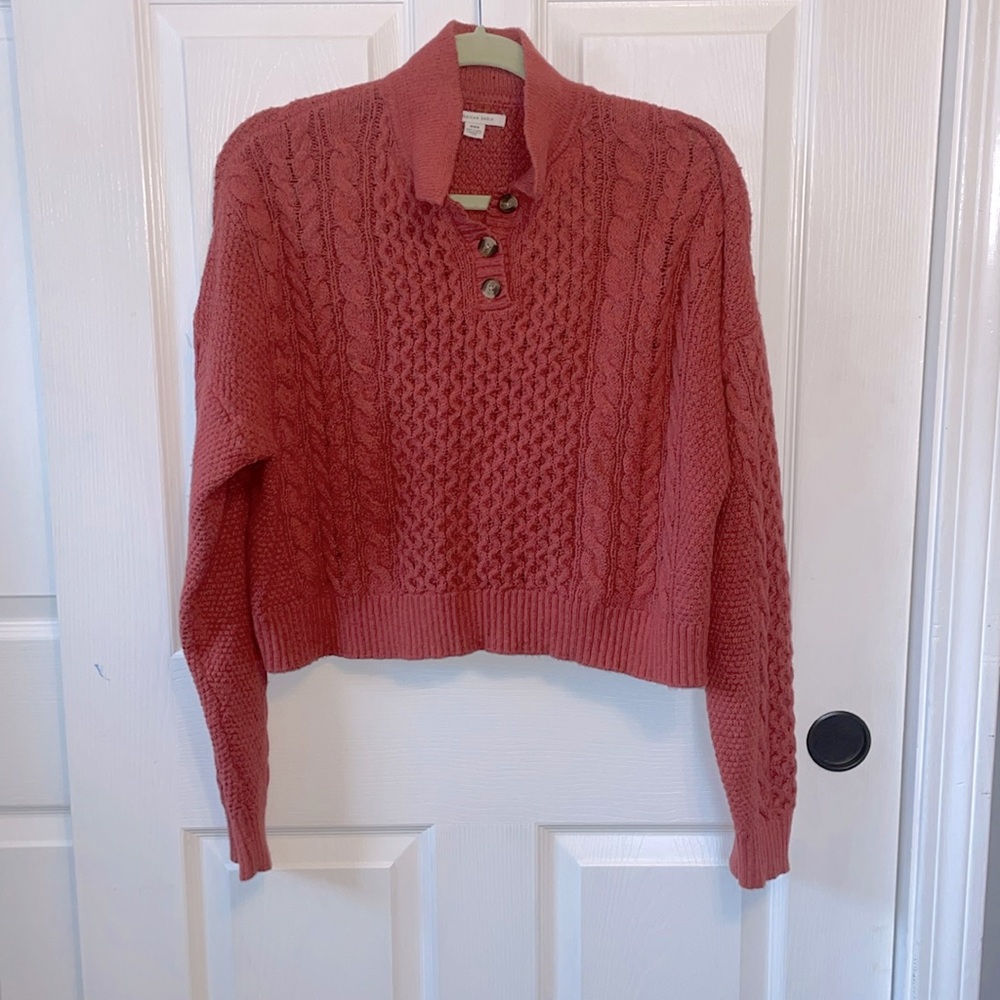 American Eagle Crop Half Button Neck Sweater